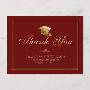Elegant Maroon Gold Script Graduation Thank You Postcard