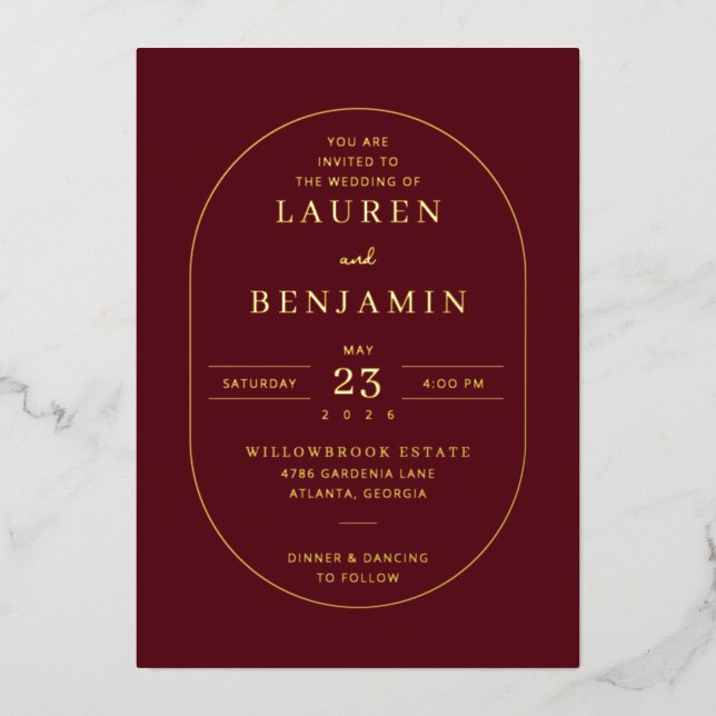 Elegant Maroon Gold Wedding Invitation (Front)