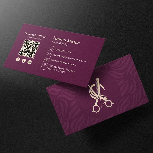 Elegant Maroon HairStylist Hair Dresser QR Code Business Card (Creator Uploaded)