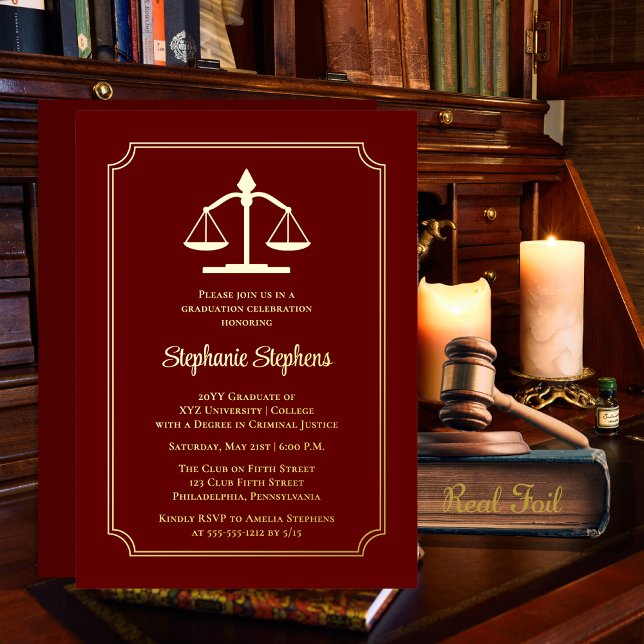 Elegant Maroon Law Attorney Graduation Party (Elegant Maroon | Dark Red Law Attorney Graduation Party Gold Foil Invitation)