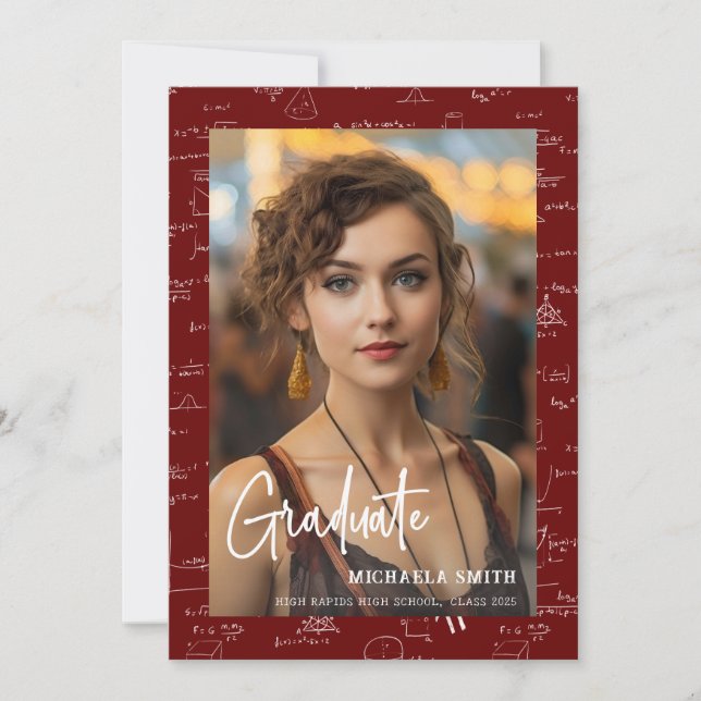 Elegant Maroon Math Script Photo Graduation  Announcement (Front)