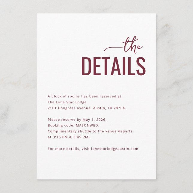 Elegant Maroon Minimalist Details Enclosure Card (Front)