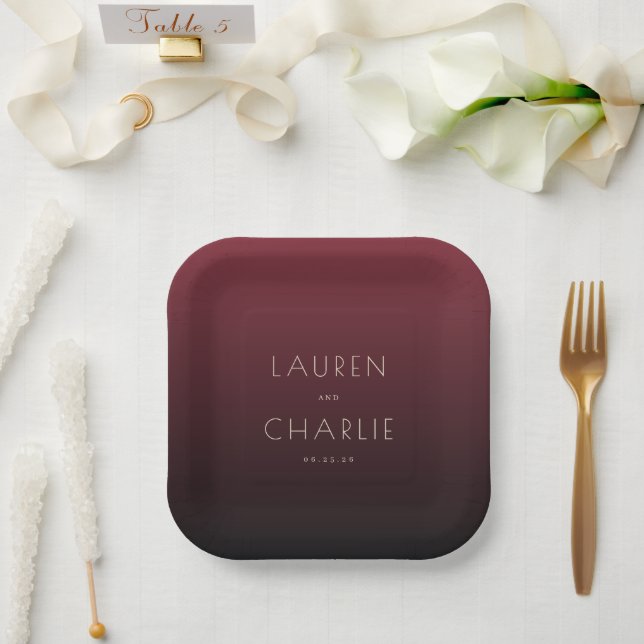 Elegant Maroon Minimalist Names Paper Plate (Wedding)