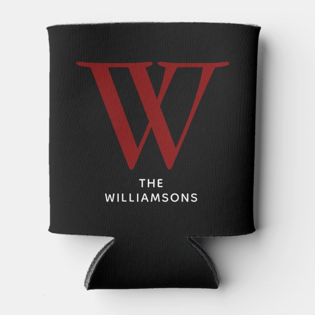 Elegant Maroon Monogram Name Can Cooler (Front)