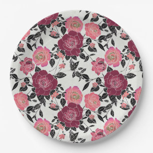 Elegant Maroon Pink Burgundy Rose Flower Paper Plate