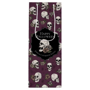 Elegant Maroon Purple Floral Skulls Halloween Wine Gift Bag