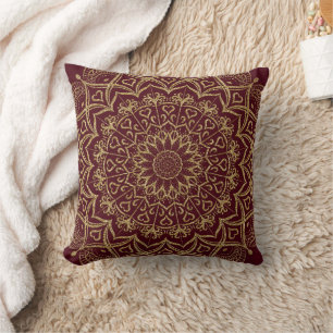 Elegant Maroon Red and Gold Mandala Boho Cushion