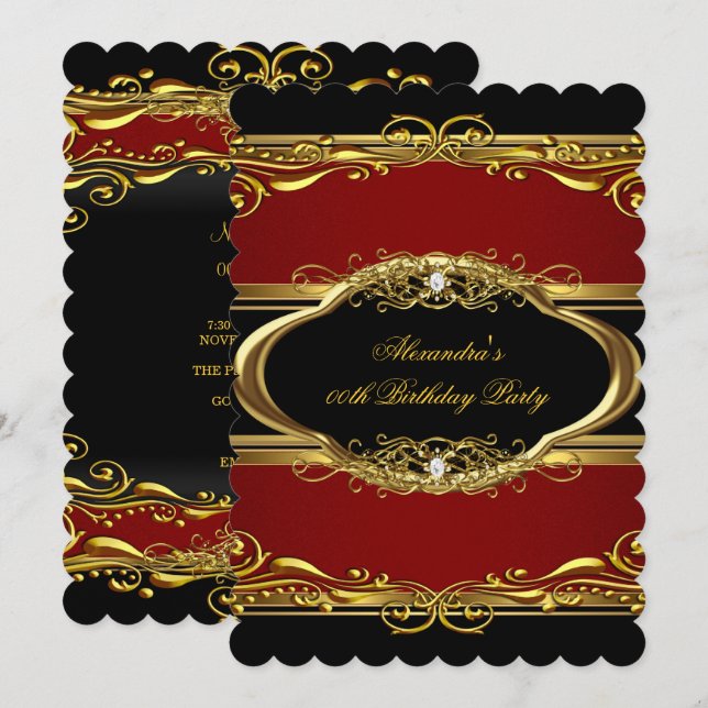 Elegant Maroon Red Black Gold Birthday Party Invitation (Front/Back)