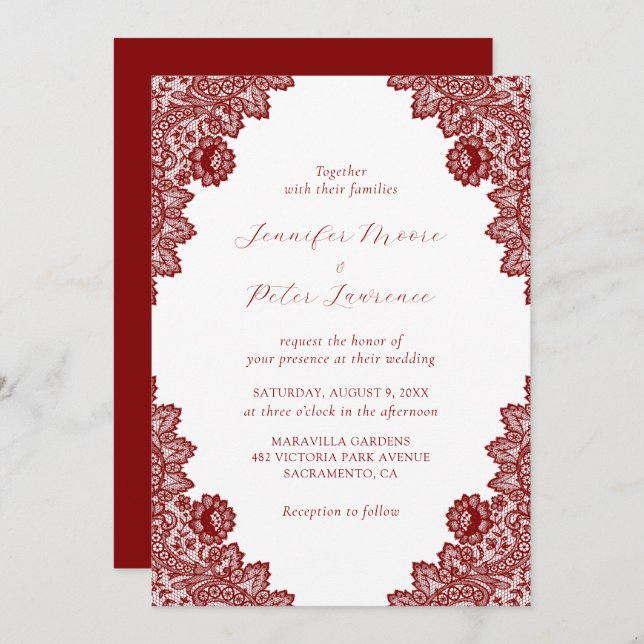 Elegant Maroon Red Lace Wedding Invitation (Front/Back)