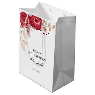 Elegant Maroon Rose Floral Greenery Birthday Medium Gift Bag