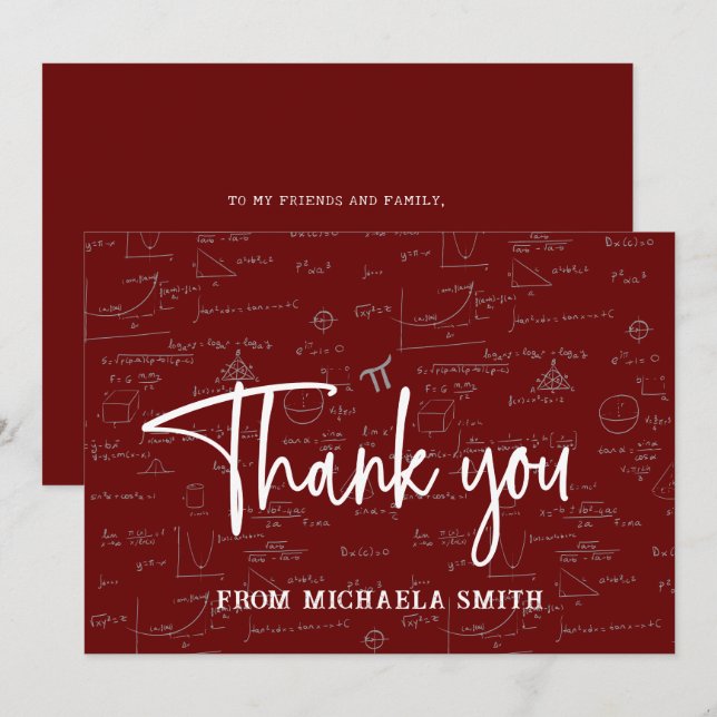 Elegant Maroon Script Typography Math Graduation Thank You Card (Front/Back)