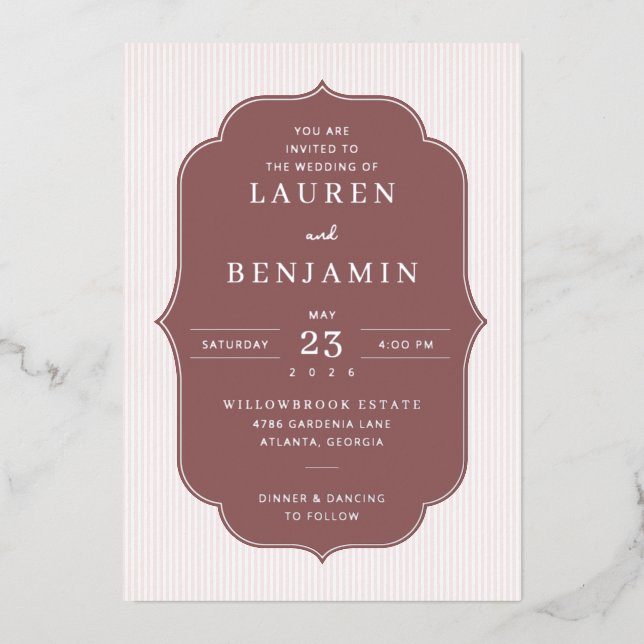 Elegant Maroon Striped Wedding Invitation (Front)