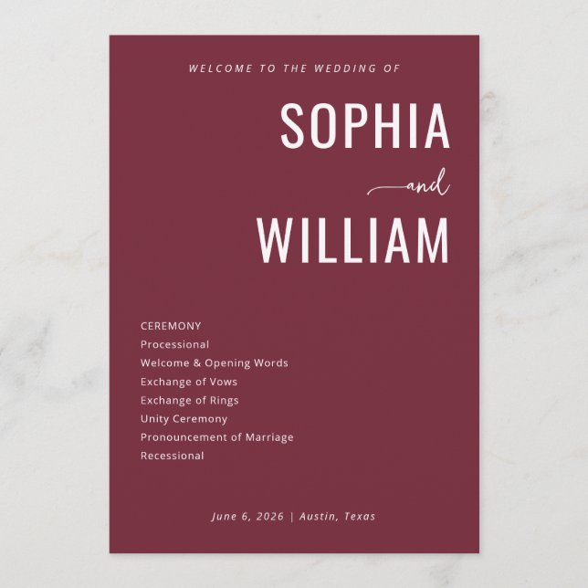 Elegant Maroon Wedding Ceremony Program (Front)