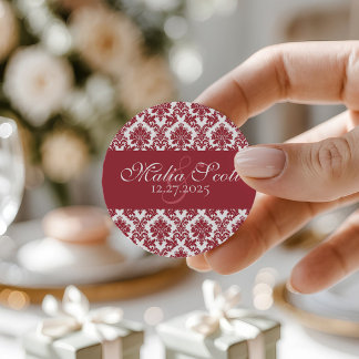 Elegant Maroon White Damask Wedding Favour Classic Round Sticker