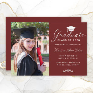 Elegant Maroon White Script Cap Photo Graduation Announcement