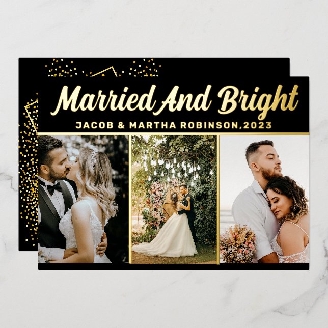 Elegant Married And Bright Christmas Multi Photo Foil Holiday Card (Front/Back)