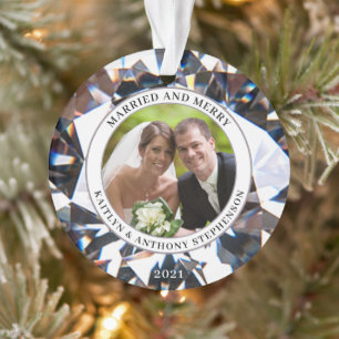 Elegant MARRIED AND MERRY Diamond 2 Photo Keepsake Ornament