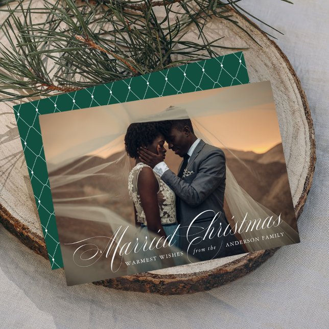 Elegant Married Christmas Calligraphy Green Photo Holiday Card (Creator Uploaded)