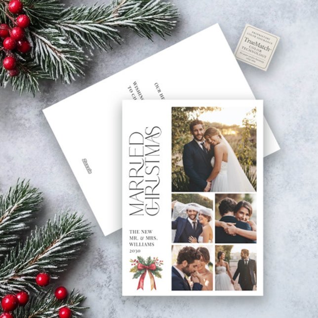 Elegant Married Christmas Red Bow Newlywed 5 Photo Holiday Card (Creator Uploaded)