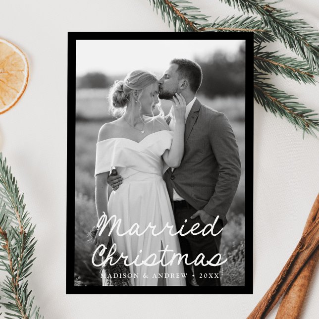 Elegant Married Christmas Script Black 2 Photo Holiday Card (Creator Uploaded)
