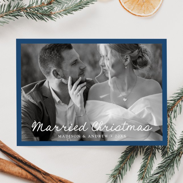 Elegant Married Christmas Script Blue Photo Holiday Card (Creator Uploaded)