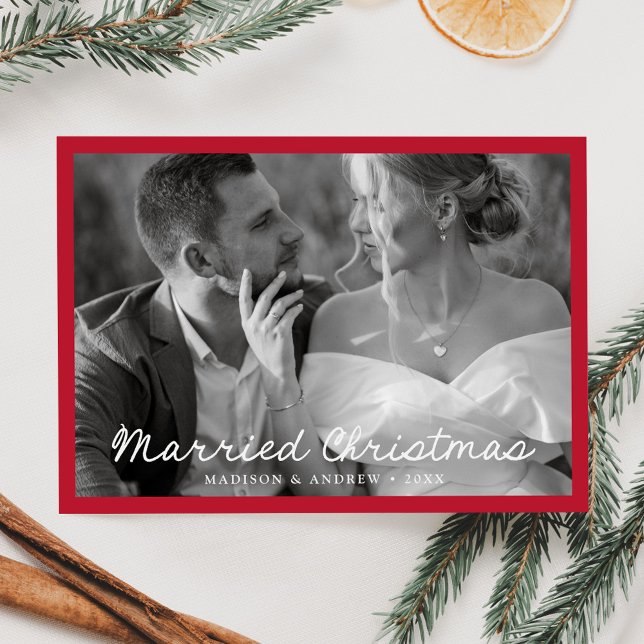 Elegant Married Christmas Script Red Photo Holiday Card (Creator Uploaded)