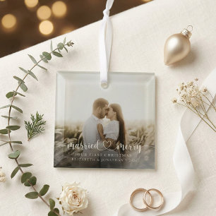 Elegant Married & Merry Script Photo Glass Tree Decoration