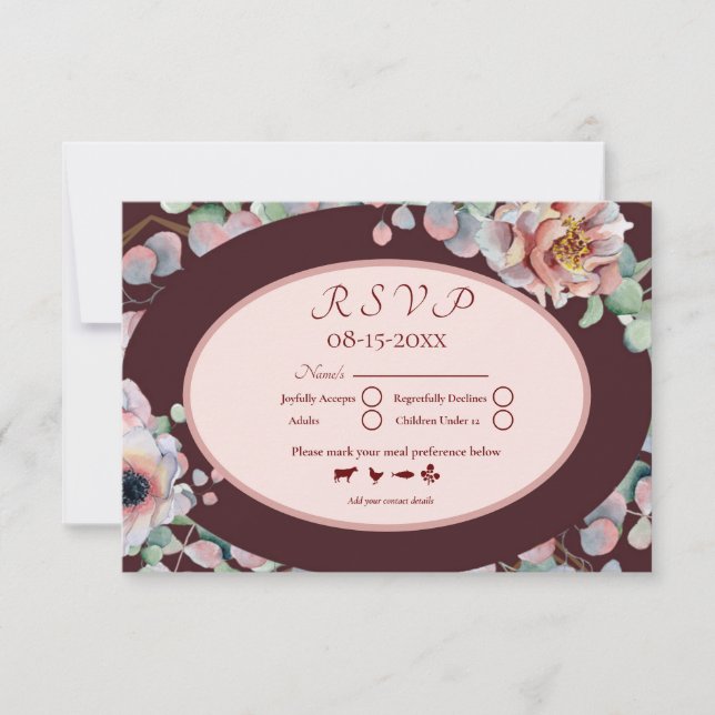 Elegant Marsala Blush Anemone Flowers Wedding RSVP Card (Front)