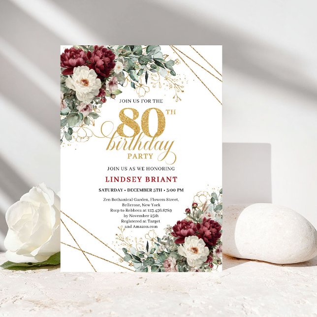Elegant Marsala Floral Greenery 80th Birthday Invitation (Elegant Marsala Floral Greenery 80th Birthday)