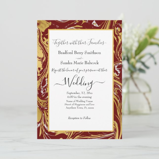 Elegant Marsala Gold Marble Wedding invitation (Standing Front)