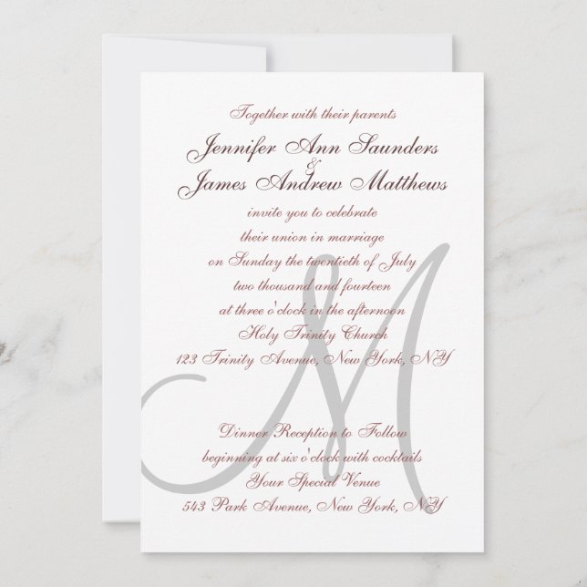 Elegant Marsala Grey Wedding Invitations Initial (Back)