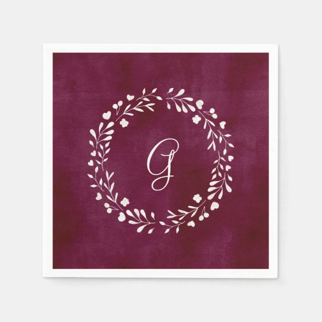 Elegant Marsala | Monogram with Wreath Napkin (Front)