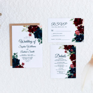 Elegant Marsala & Navy Flowers Rustic Wedding Invitation