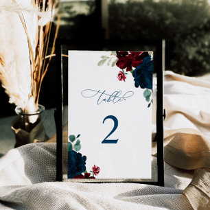 Elegant Marsala & Navy Flowers Table 2 Wedding Table Number