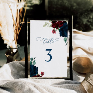 Elegant Marsala & Navy Flowers Table 3 Wedding Table Number