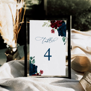 Elegant Marsala & Navy Flowers Table 4 Wedding Table Number