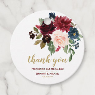 Elegant Marsala Navy Gold Floral Bouquet Wedding Favour Tags