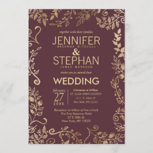 Elegant Marsala Red Burgundy Gold Floral Wedding Invitation