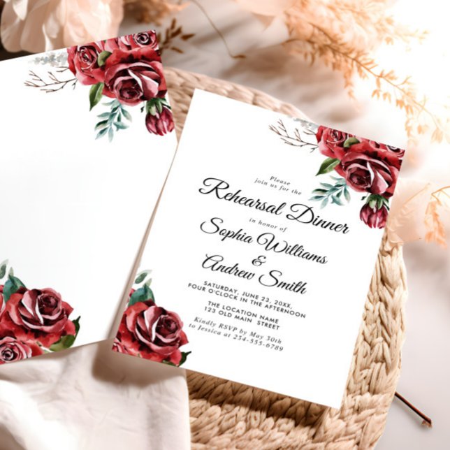 Elegant Marsala Red Rose Rustic  Wedding Diner Invitation (Creator Uploaded)