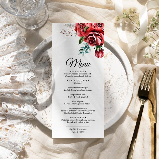 Elegant Marsala Red Rose Rustic  Wedding Menu (Creator Uploaded)