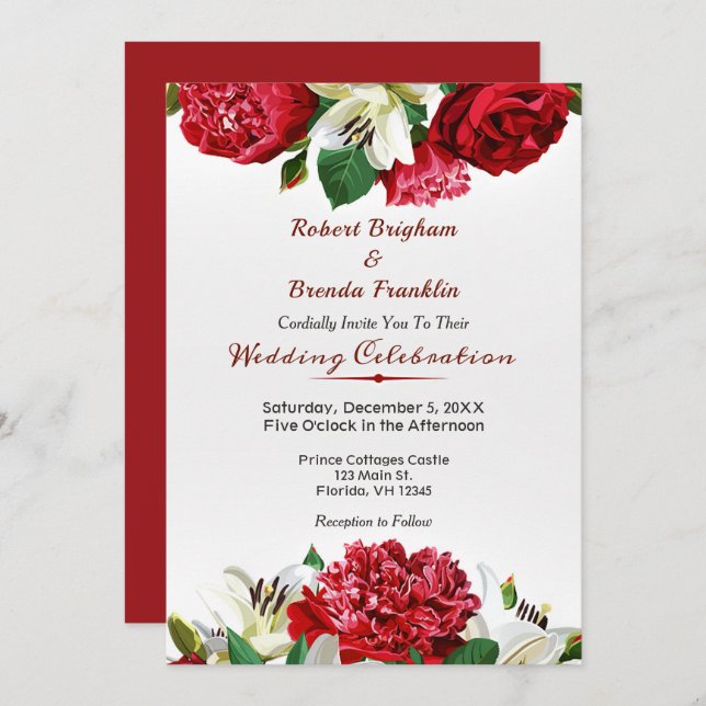 Elegant Marsala Roses Floral Wedding Invitations (Front/Back)