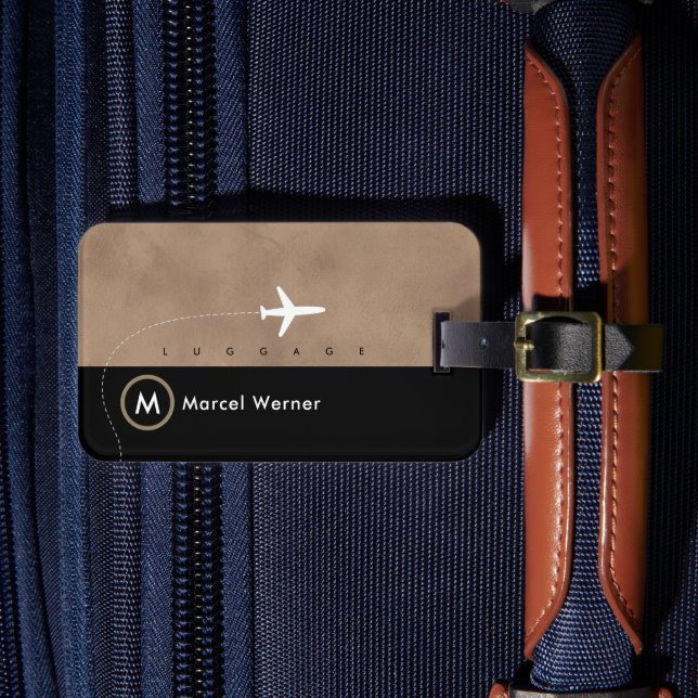 Elegant Masculine Brown Black Monogram Luggage Tag (Front Insitu 4)