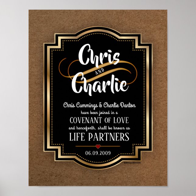 Elegant masculine Contemporary Wedding Certificate Poster (Front)