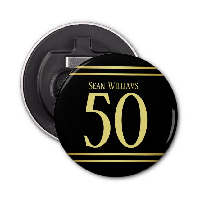Elegant Masculine Gold & Black Birthday Bottle Opener (Front)