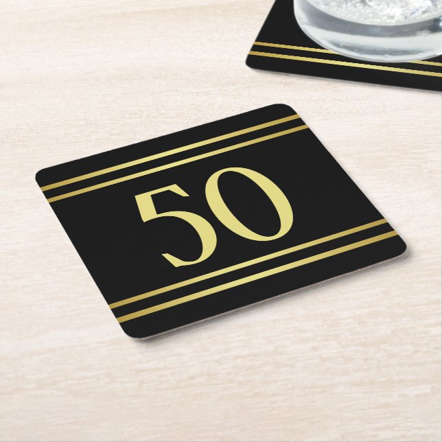 Elegant Masculine Gold & Black Birthday Square Paper Coaster (Angled)