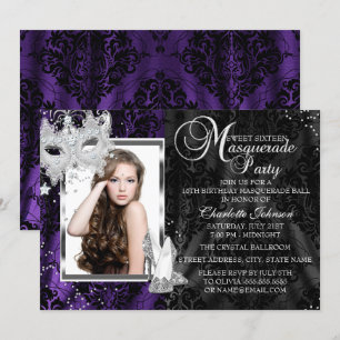Elegant Mask & Heels Purple Masquerade Sweet 16 Invitation