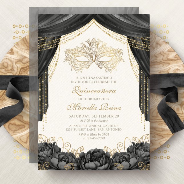 Elegant Mask Masquerade Black Quinceanera Invitation (Creator Uploaded)