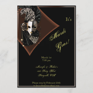 Elegant Mask on Black Bronze Mardi Gras Party Invitation