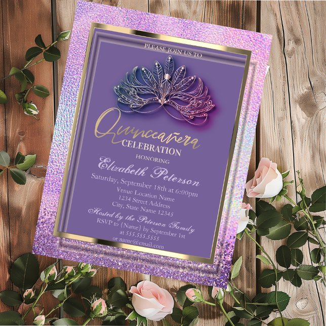 Elegant Masque Diamonds Holographic Quinceañera Invitation (Creator Uploaded)