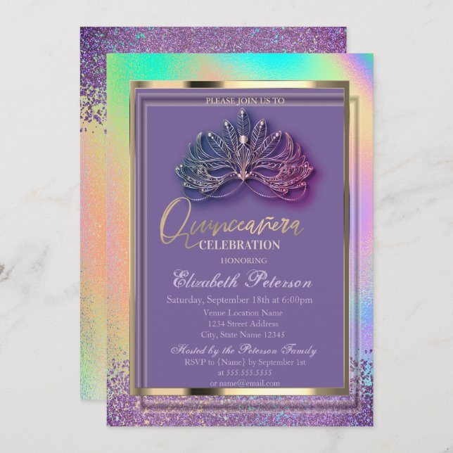 Elegant Masque Diamonds Rainbow Holographic  Invitation (Front/Back)